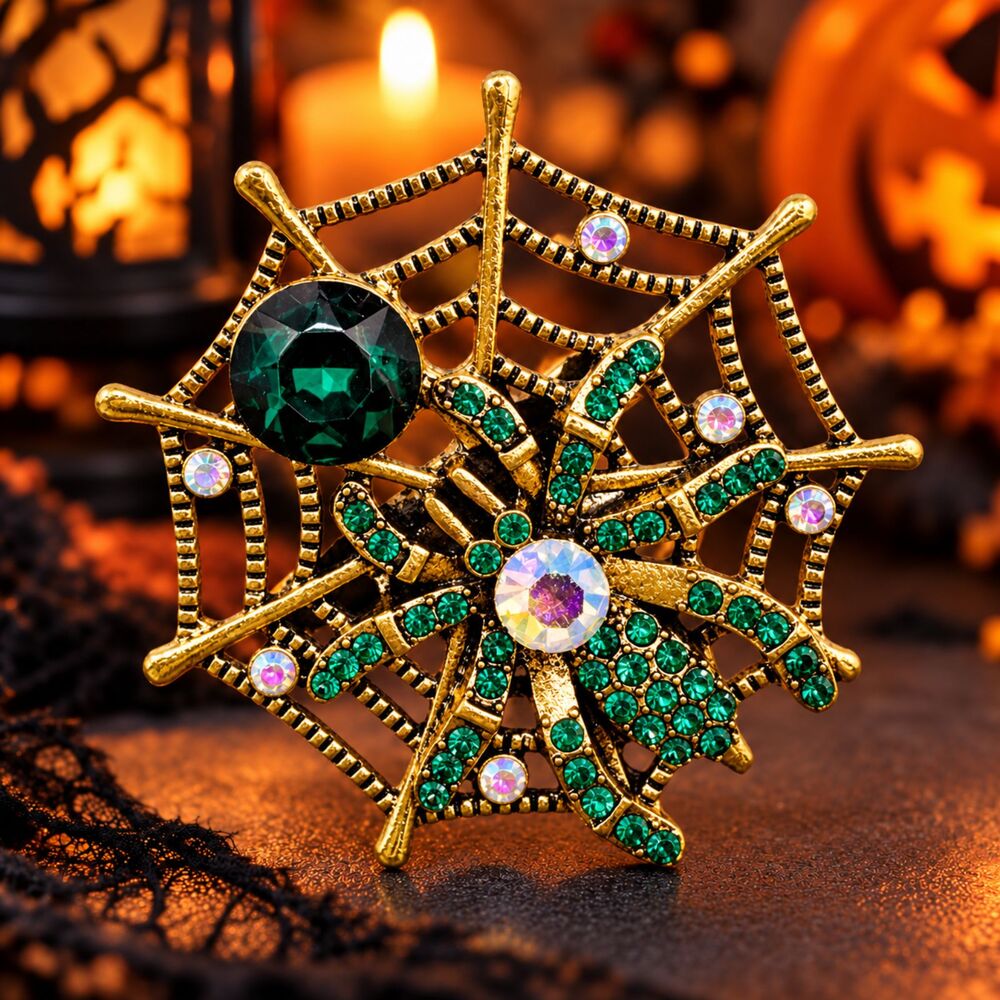 Halloween Spider Web Brooch Gold Tone Green Rhinestone Iridescent 1 3/4" NWT